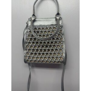 Tianni Faux Leather Handles/Crossbody Weave HandBag Metallic Silver #23‎ Vintage